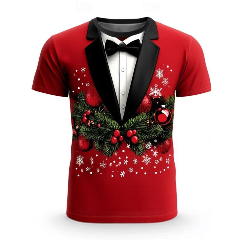 Albero di Natale Fiocco di neve Moda Casual Top Uomo Stampa 3D T-shirt Tee Party Street Rosso Finto Abito Manica Corta Girocollo Camicia