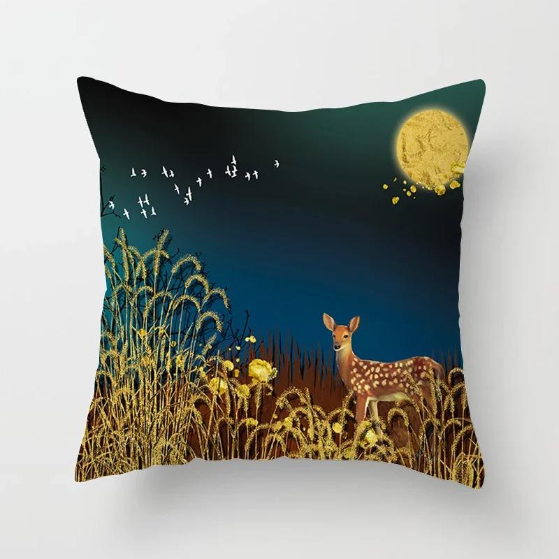 Black Gold Drawing Leaf Elk Tree Bird Butterfly Printed Square Pillowslip Polyester Cushion Cover Pillowcase Living Room Home