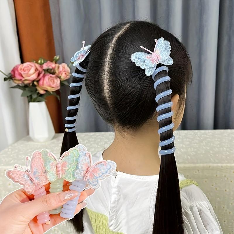 4-Pack Cute Butterfly Hair Ties for Girls, High Elastic Telephone Cord Ponytail Holders, Mixed Color Resin & Polyester Hair Accessories for Daily