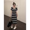 Striped Knit Midi Dress Women - Slim Fit High Waist Short Sleeve Bodycon With Square Neck