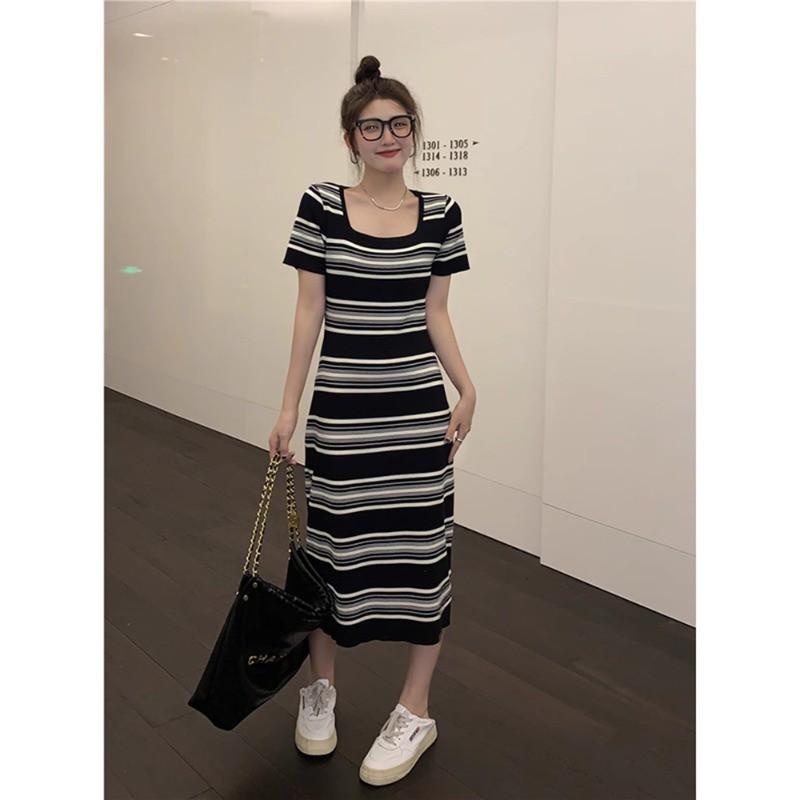 Striped Knit Midi Dress Women - Slim Fit High Waist Short Sleeve Bodycon With Square Neck