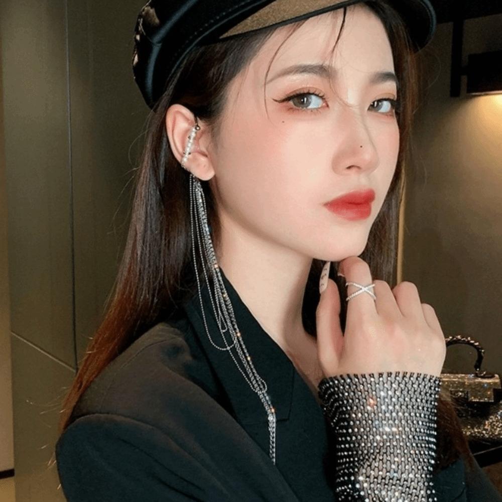 Exaggerated Long Fringed Ear Clips Tassel Fake Cartilage Earrings Evening Gala