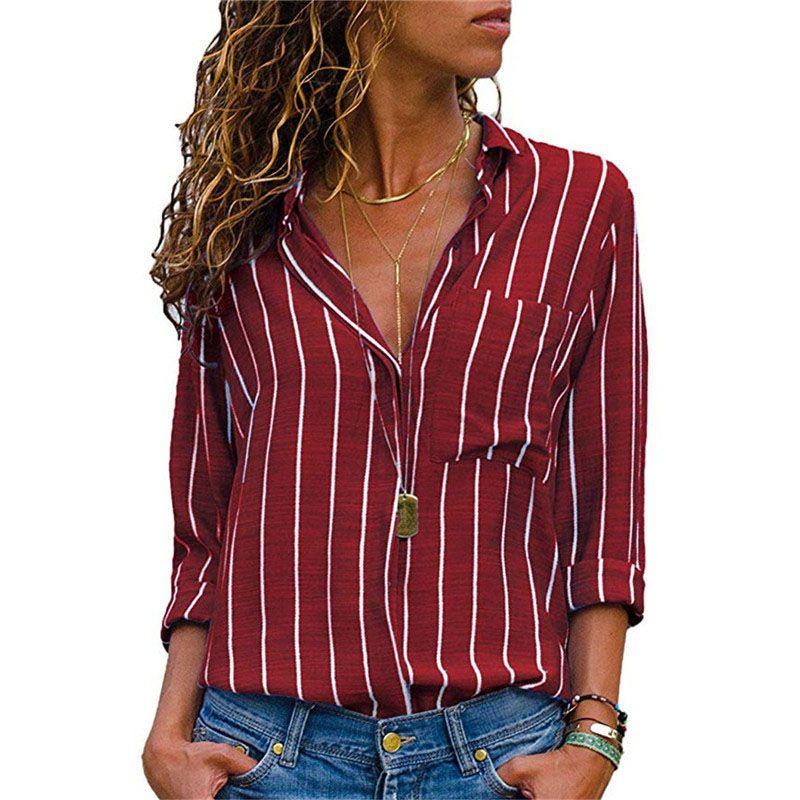 Womens Long Sleeve Loose Blouse Casual Tops Featuring Elegant V-neck Button-up Design