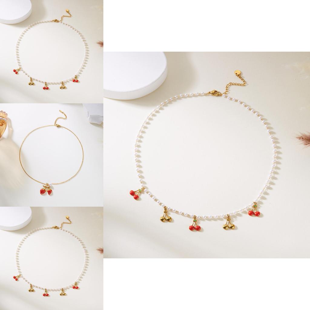 Strawberry Cherry Water Crystal Pendant Necklace Pack With Multilayer Stainless Steel Chain For Summer Wear