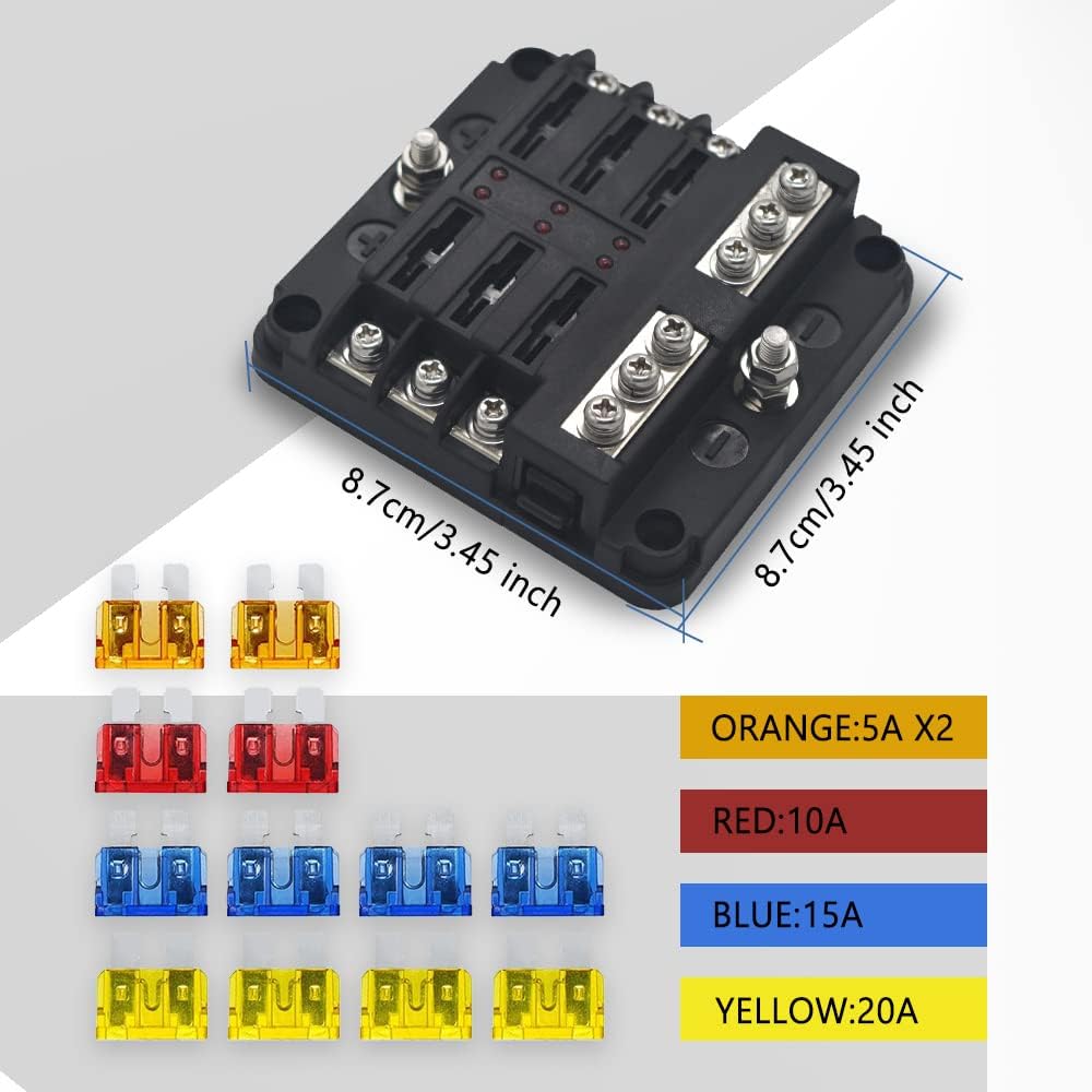 ASUBHA 6-Way Marine Fuse Block,Waterproof 12v Fuse Block with LED Indicator, Automotive Fuse Box Holder 12V/24V Fuse Panel Universal for Automotive