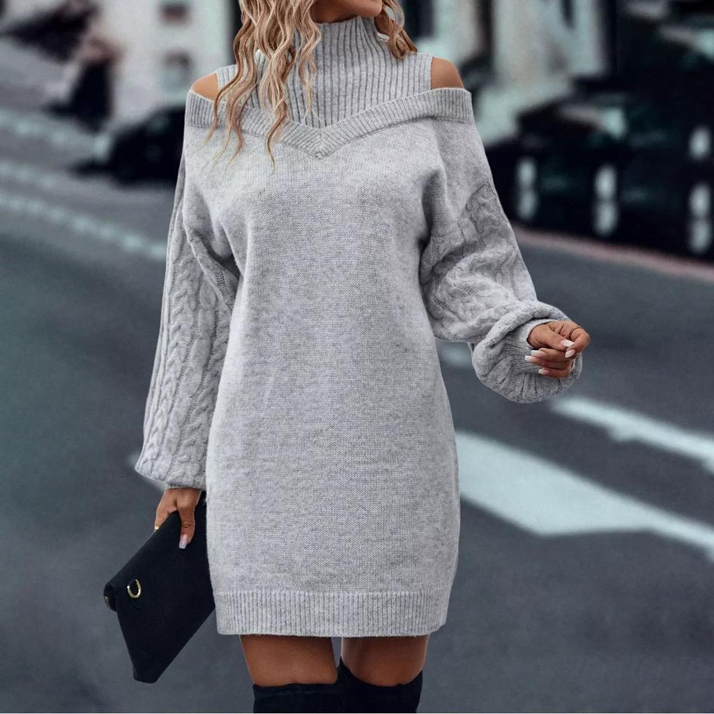 Autumn Winter Casual Loose Mini Dress Fashion Long Sleeve Elasticity Sweater Dresses Turtleneck Solid Off-shoulder Knitted Dress