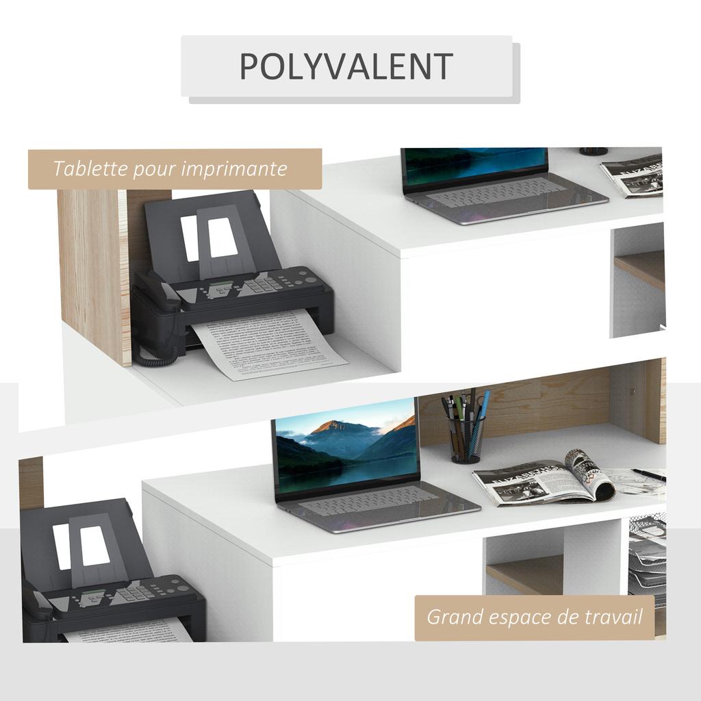 Computer Desk with 2 Drawers, Desk with Storage, 137 x 55 x 92 cm, Open Shelves and Shelf