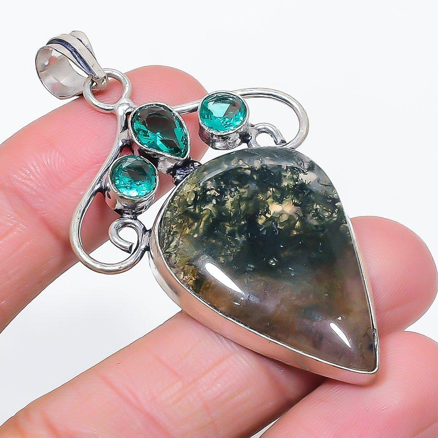 Natural Indian Moss Agate, Green Topaz 925 Sterling Silver Pendant 2.52" Y2W75