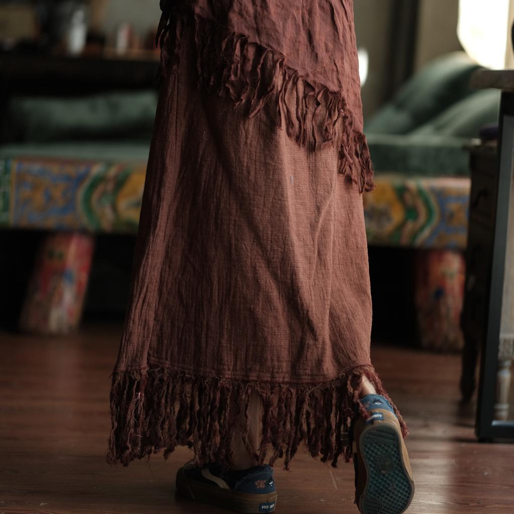 Johnature Women Vintage Skirts Elastic Waist Solid Color Autumn Patchwork Tassel A-Line Female Skirts