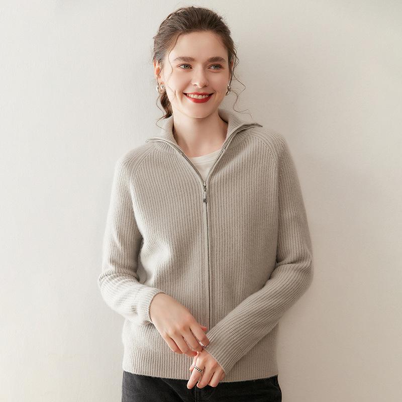 Women's Retro Cashmere Stand Collar Cardigan - Double Zipper, Long Sleeve, Age-Reducing Base Layer Top