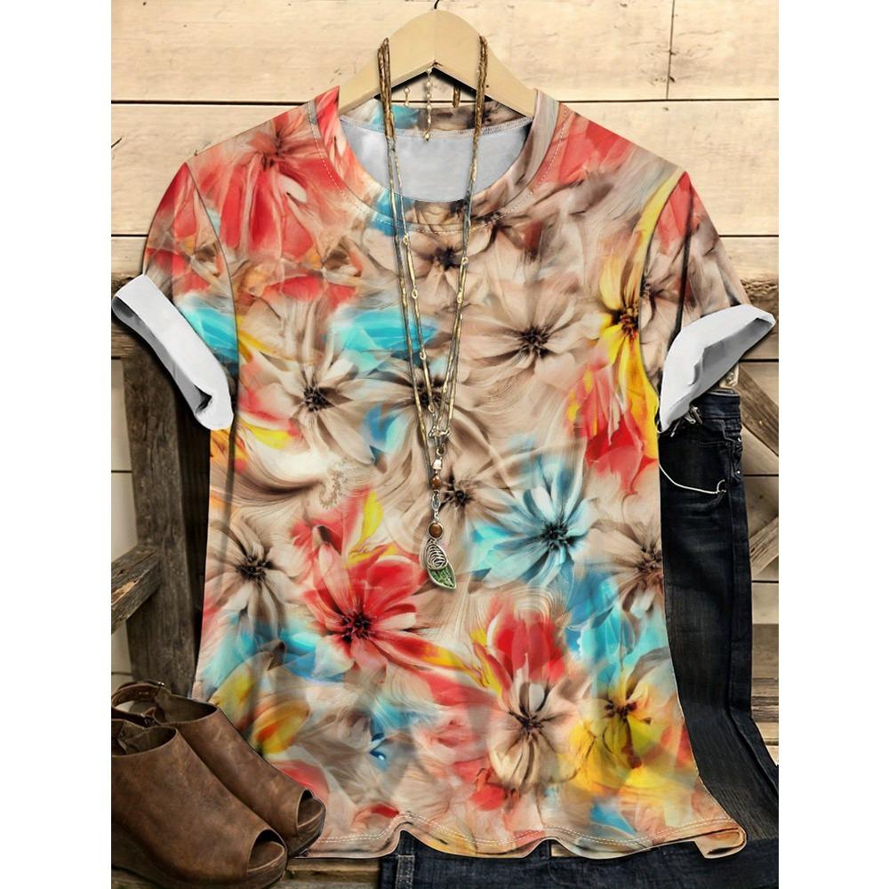 T-shirt Tendance à Col Rond et Manches Courtes pour Femme avec Motif Chat et Chiot Mignon Imprimé Numérique 3D