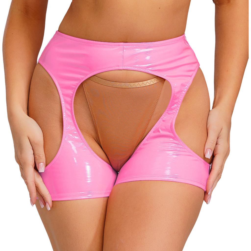 Womens Wet Look Hot Pants Open Crotch Thigh Cutouts Bodycon Boxer Shorts Patent Leather Design for Pole Dance