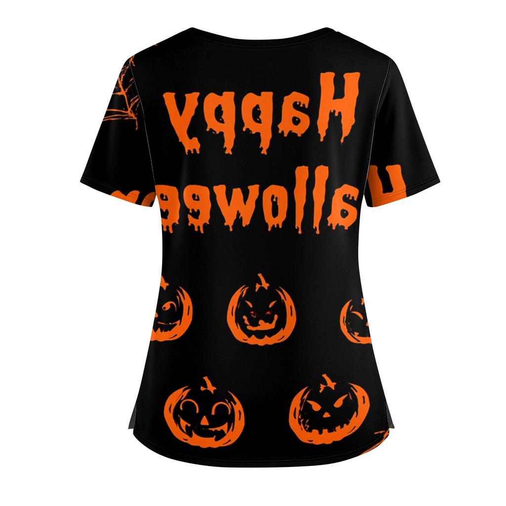 Women's V Neck Casual Halloween Print Top for Caregivers Short Sleeve Comfortable Fit Lightweight Fabric Workwear