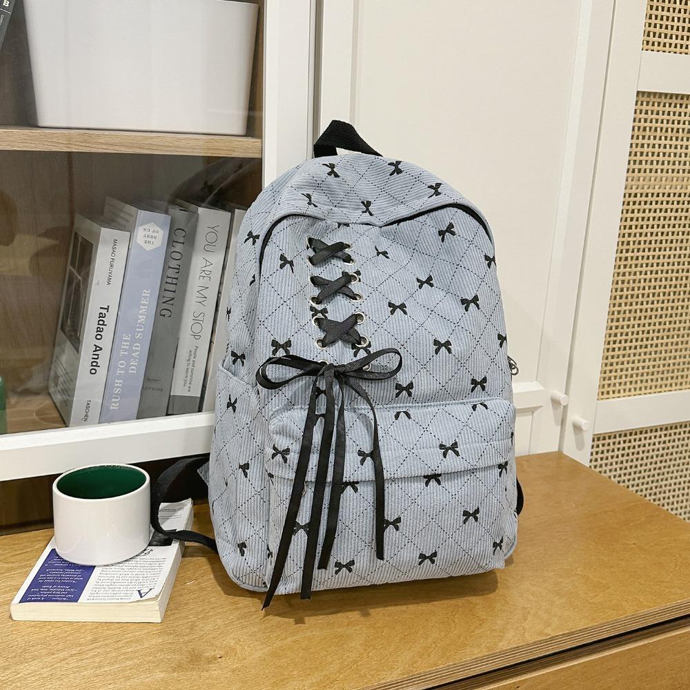

Large Capacity Corduroy Bow Backpack Lightweight Adjustable Strap Double Shoulder Bag Korean Style Travel Backpack Students синій