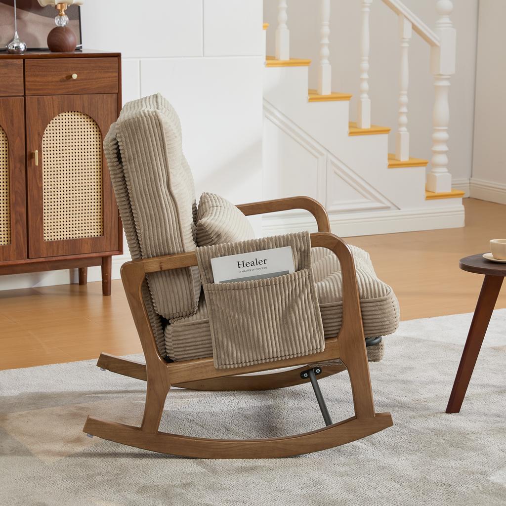 Modern Rocking Chair with Footrest, Lumbar Pillow & Adjustable Backrest – for Living Room, Bedroom & Children's Room (Khaki Corduroy)