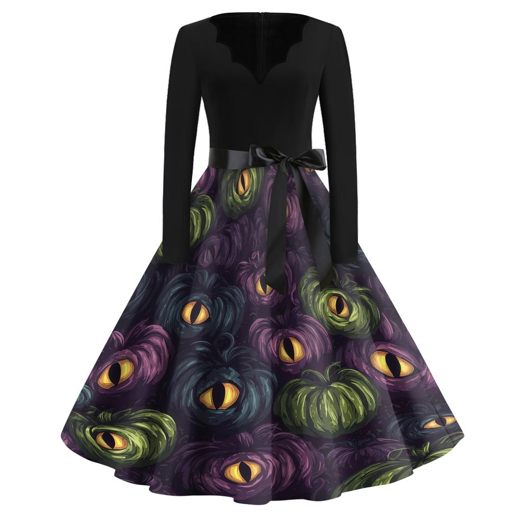 Women Casual Vintage V Neck Dress Long Sleeve Halloween Print Retro Style Midi Dress with Waist Tie Belt