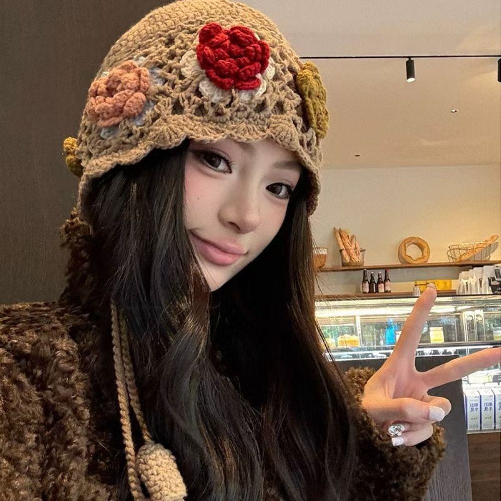 Hollow Out Crochet Knitted Hat Tassels Knit Cap Vintage Ethnic Style Hat  Girls