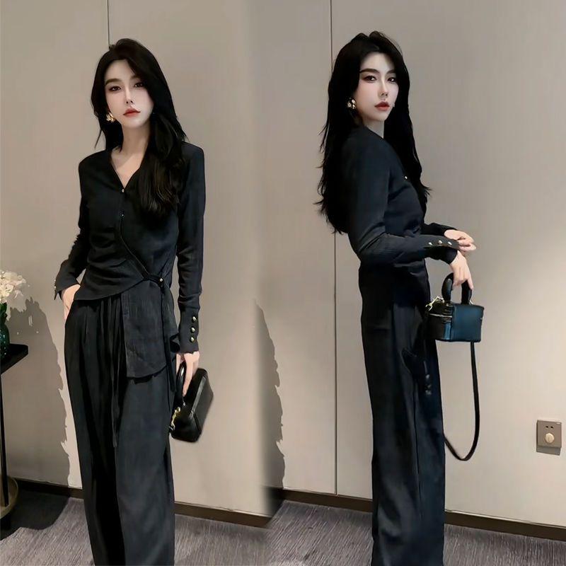 Damenmodeanzug Herbst 2024: Unregelmäßiges Oberteil & Weitbeinige Hose Zweiteiler