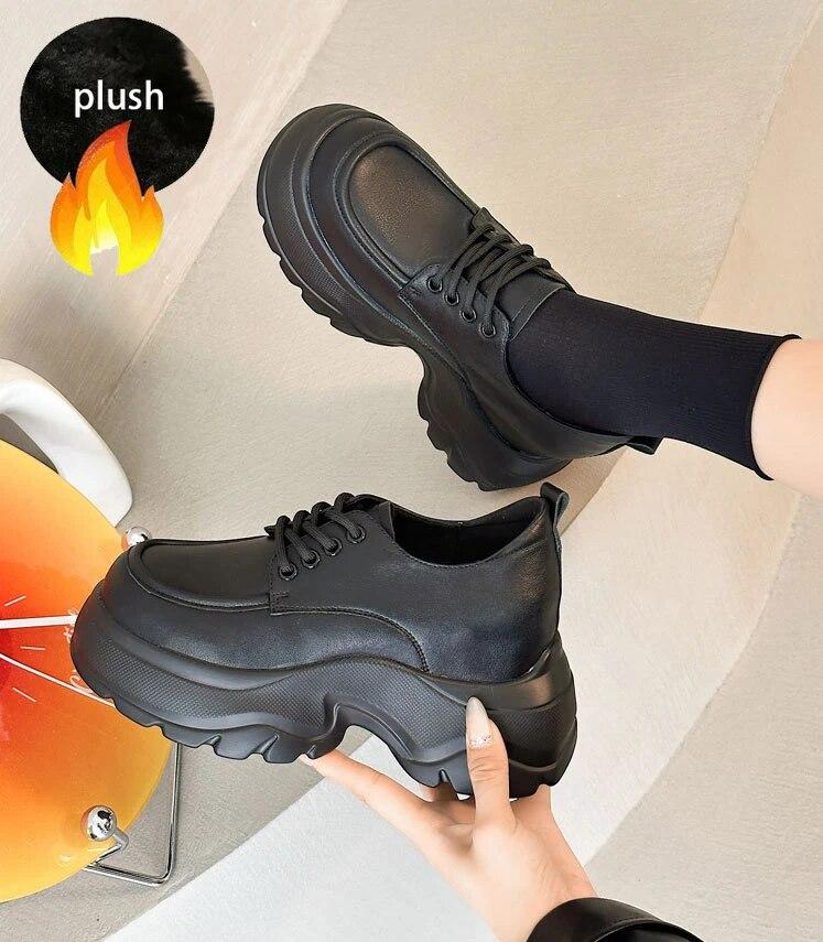 

Fujin 9,5 см повседневные массивные кроссовки из коровьей кожи, туфли-лодочки, модная женская обувь на высоком каблуке, удобная обувь на вулканизированной танкетке на платформе 38