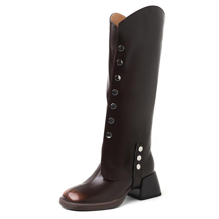 Fashion NEW Autumn Women Boots Split Leather Shoes for Women Round Toe Chunky Heel Designer Knee-high Boots Zipper Metal Button Boots