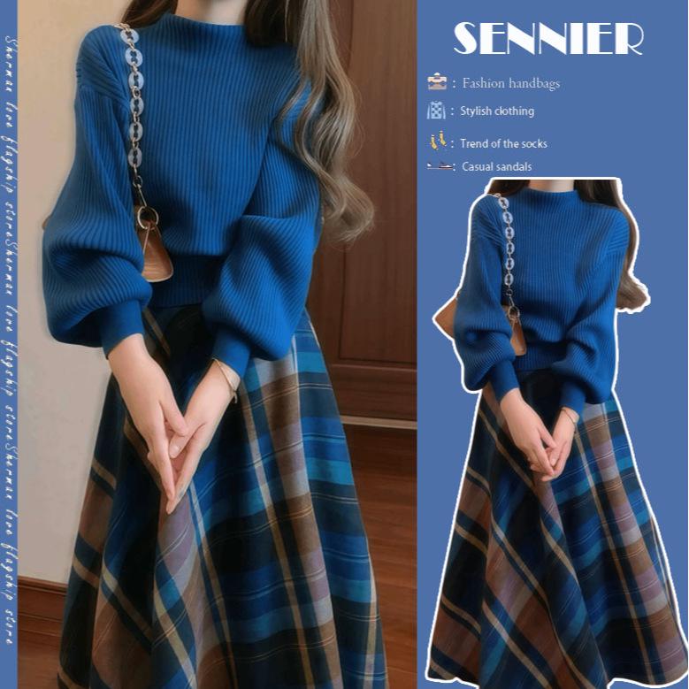 2025 Retro French Blue Knitted Sweater & Plaid Midi Skirt Set
