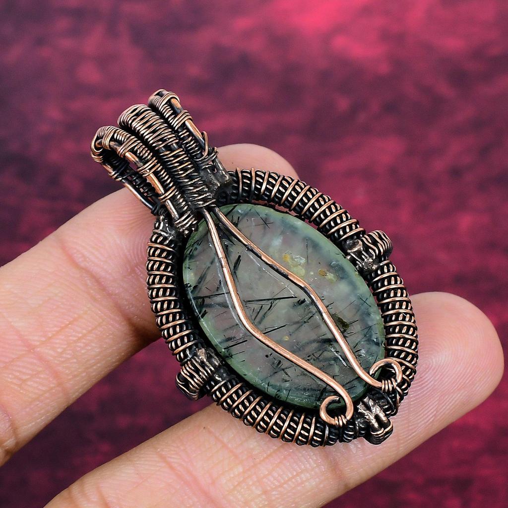 Moss Prehnite Pendant Copper Wire Wrapped Gemstone Pendant Unique Design Jewelry