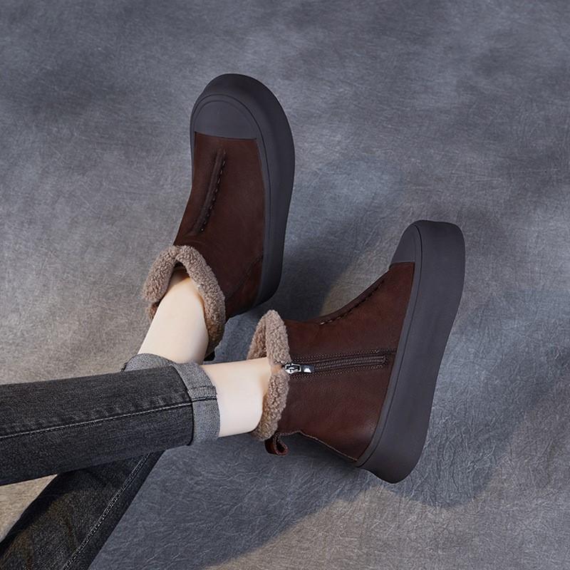 Johnature Retro Plush Warm Women's Boots Genuine Leather Thick Soled Casual Versatile Short Boots