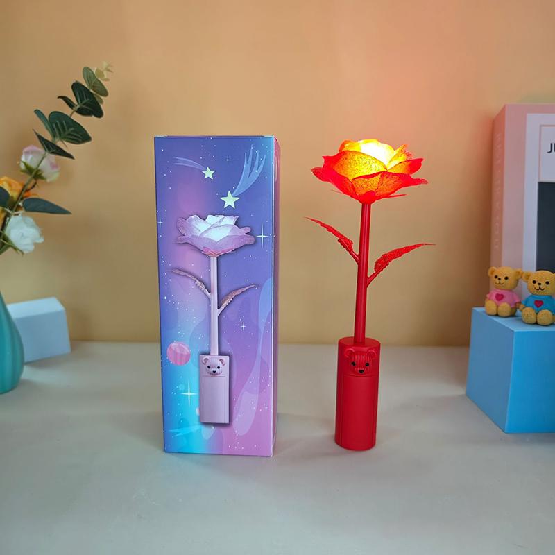 

Красивый ночник в виде розы с маленьким мишкой, идеальный подарок на Рождество и День святого Валентина красный