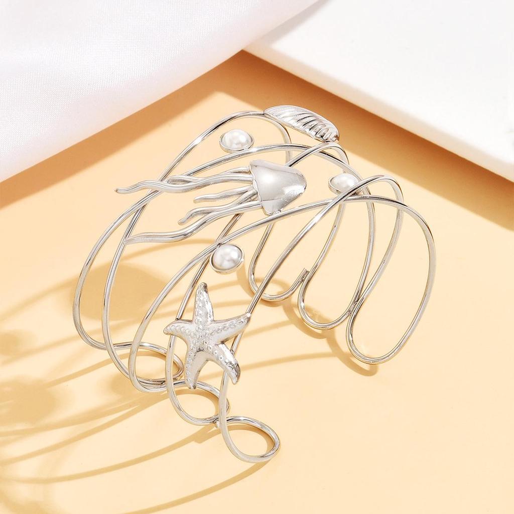 Super Fairy Marine Life Seashell Jellyfish Starfish Wide Cuff Bracelet - European & American Beach Vacation Style