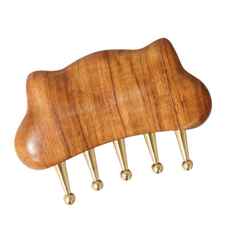 Golden Sandalwood Massage Comb 4-in-1: Meridian Comb, Gua Sha Tool, Scalp Massager.