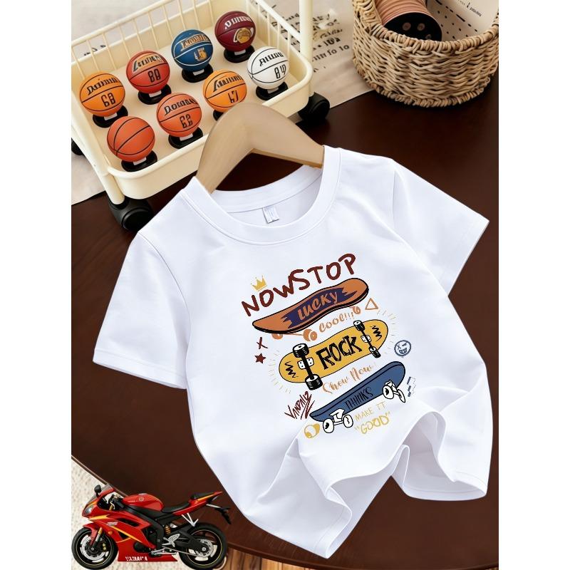 Kids Crewneck Short Sleeve T-Shirt, Fun Skateboard Graphic Print 110 белый