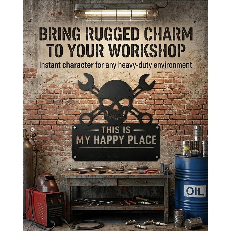 Funny Garage Metal Sign “This Is My Happy Place Don’t Mess It Up” Skull  Crossed Wrenches Wall Decor, Black Metal Sign for Garage, Man Cave, Workshop,