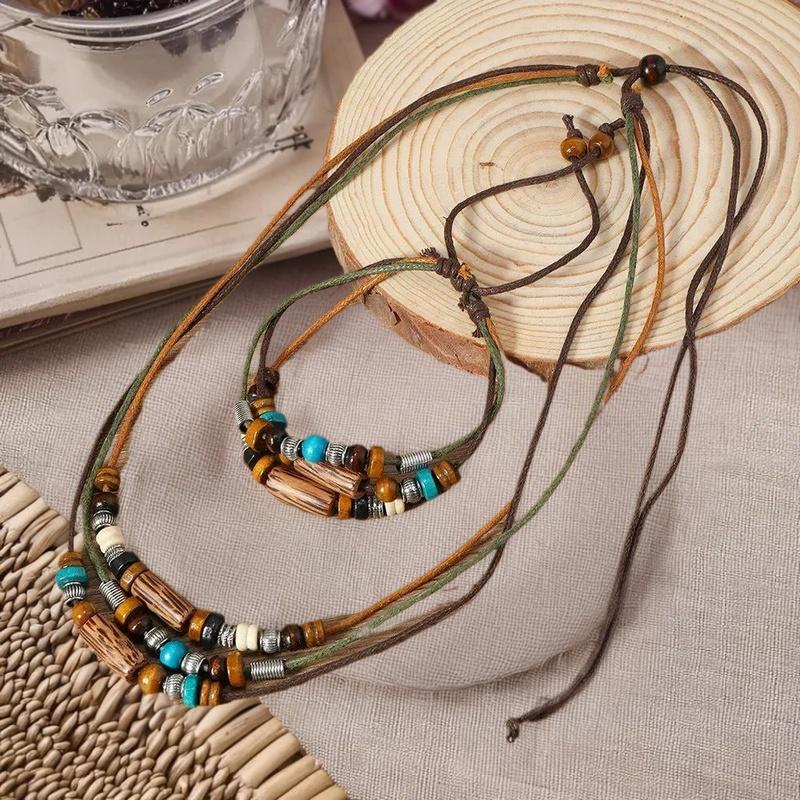 2Pcs/Set Multi-Layer Vintage Wood Beads Pendant Leather Beaded Weaved Prayer Necklace& Bracelet  Jewelry Gifts