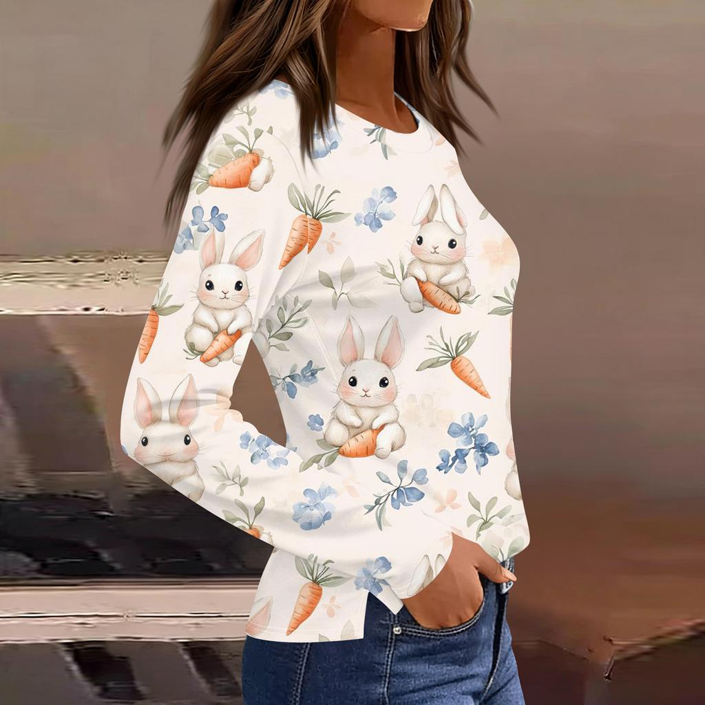 Women's Fashion Casual Slit Hem Round Neck Long Sleeve Loose Printed T-Shirt Ladies Top