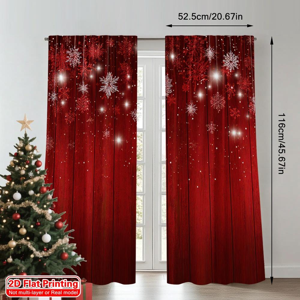 2D flat printing 2pcs Happy Christmas Scene Curtains Red Snowflakes Festive Christmas scopic and stylish 100% polyester fiber