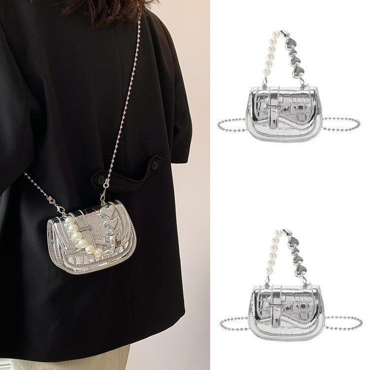 Pearl Chain Small Bag for Women New Trendy Mini Bag Silver High-Quality Texture Niche Crossbody Bag