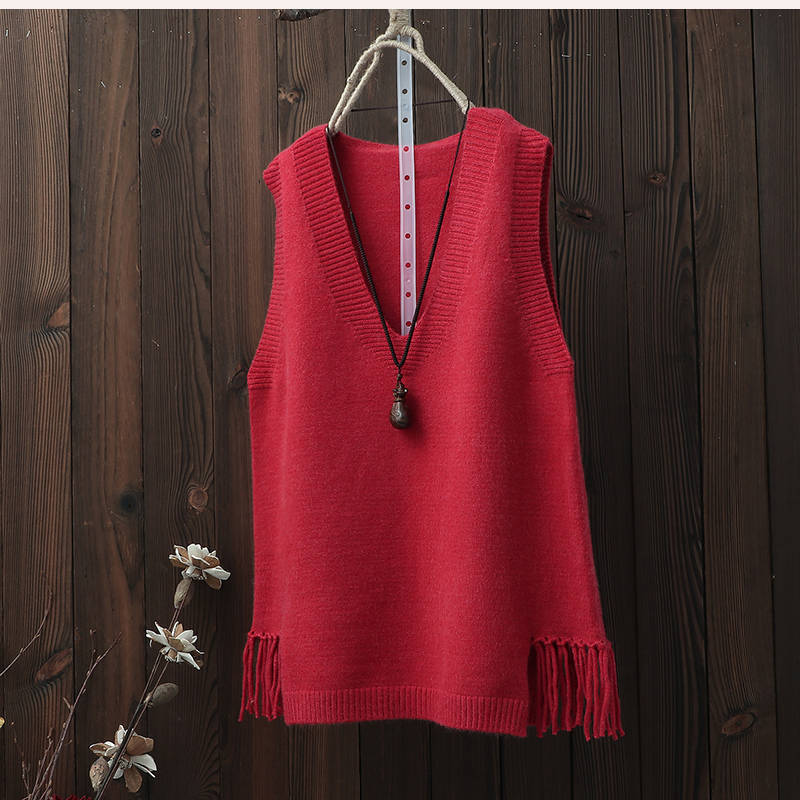Spring and Autumn Korean Version of The V-neck Solid Color Knit Sweater Vest Women Loose Pullover Hem Fringed Waistcoat