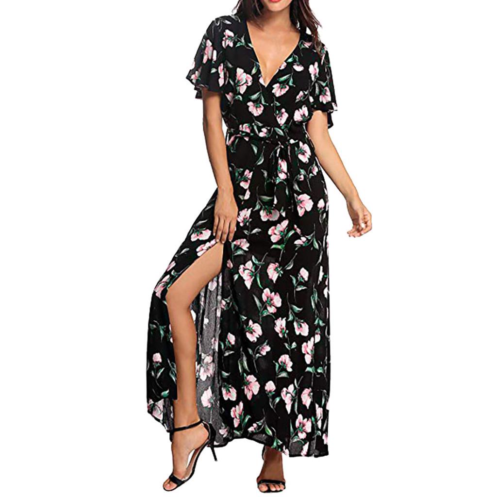 Buy Women Summer V Neck Short Sleeve Floral Print Beach Party Wedding ...
