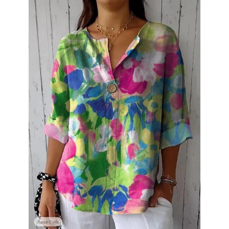 Fashion Summer Floral Printed Women Blouse V Neck Loose Casual Simple Office Shirt Ladies Summer Plus Size Holiday Sweet Short Sleeve Tops Clothes