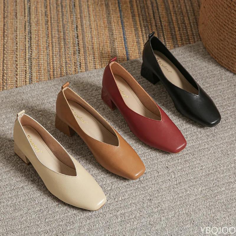 2025 New Soft Leather Shoes Solid Color Comfortable Female High Heels Elegant Square Toe Shoes Minimalist Women's Pumps