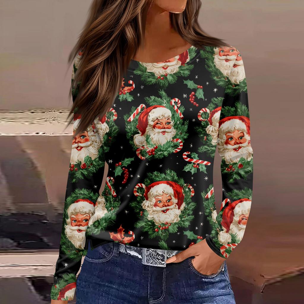 Women's Fashion Casual Slit Hem Round Neck Long Sleeve Loose  Printed T-Shirt Ladies Top