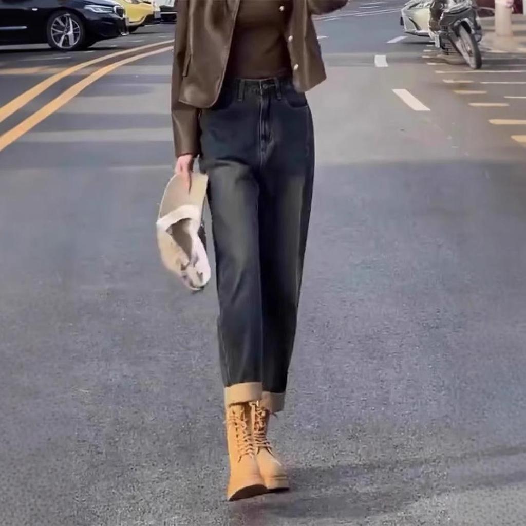 Women's High Waist Distressed Blue Straight-Leg Jeans - Autumn Gradient Slimming Harem Style.