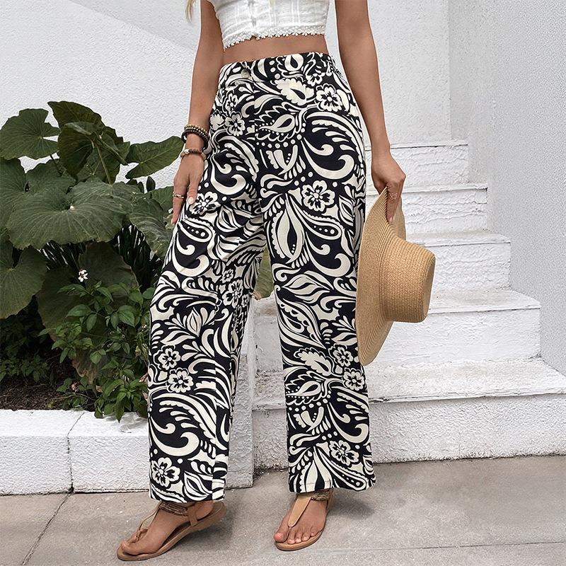 Dámské kalhoty s květinovým potiskem Letní kalhoty Kalhoty s vysokým pasem Kalhoty s rovnými nohavicemi