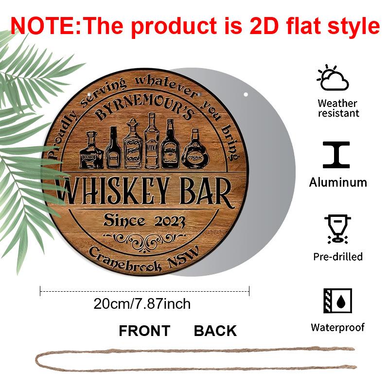 2D Flat Aluminum Whiskey Bar Sign for Home Bar Decor - Rustic Round Metal Plaque - Vintage Man Cave Accessories & Wall Art for Garage, Basement