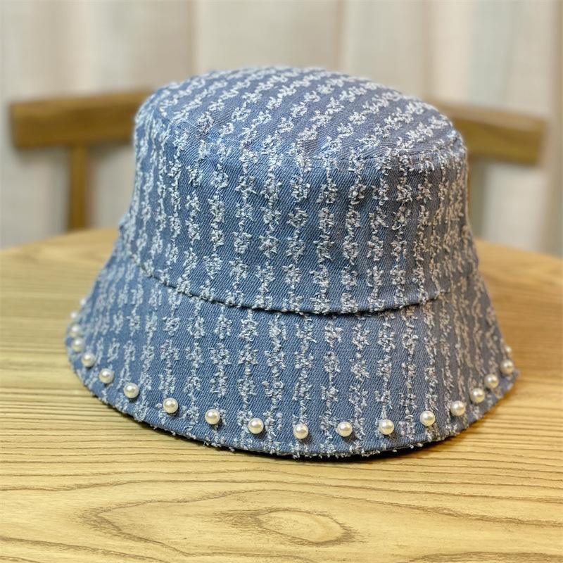 New Retro Washed Denim Pearl Bucket Hat Women's Autumn and Winter Bucket Basin Hat Children