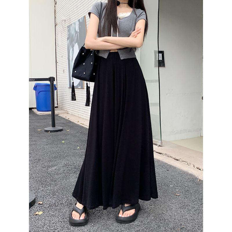 

Kumikumi Idle Style Solid Skirt A- Line Skirt Women s Autumn Loose Drooping High Waist Wide Hem Long Skirt Black XL