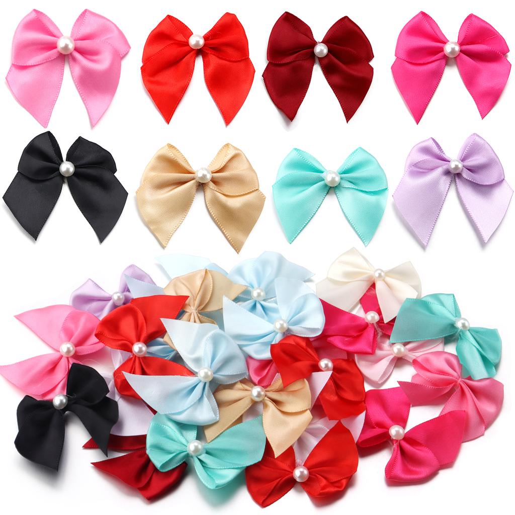 20pcs Polyester Satin Ribbon Bows 5.5x6cm Colorful Half Bead Hand Tied Bowknots For DIY Crafts Party Clothing Headwear Finding