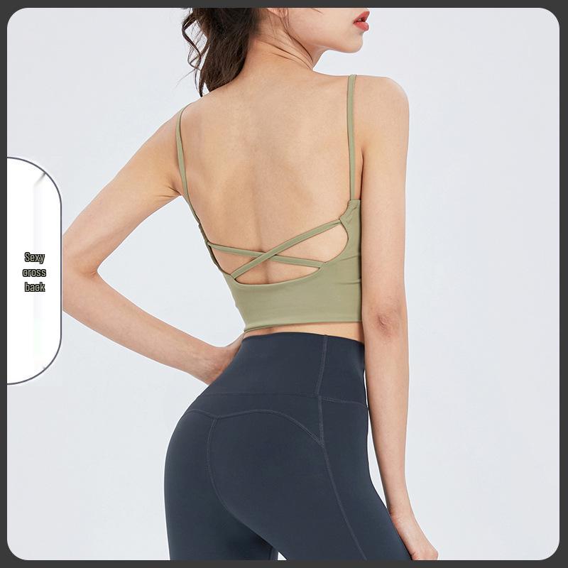 Women's Spaghetti Strap Yoga Sports Bra with Beautiful Back Design - Shockproof Running & Fitness Vest Style