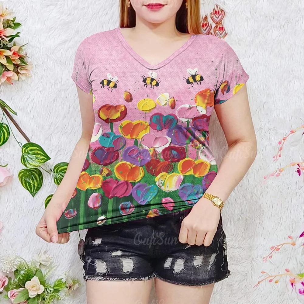 

New Summer Women Floral Painting T-shirt Fashion V-Neck Tops Tees Female Casual Short Sleeve Clothing Ladies Stylish Streetwear 3XL