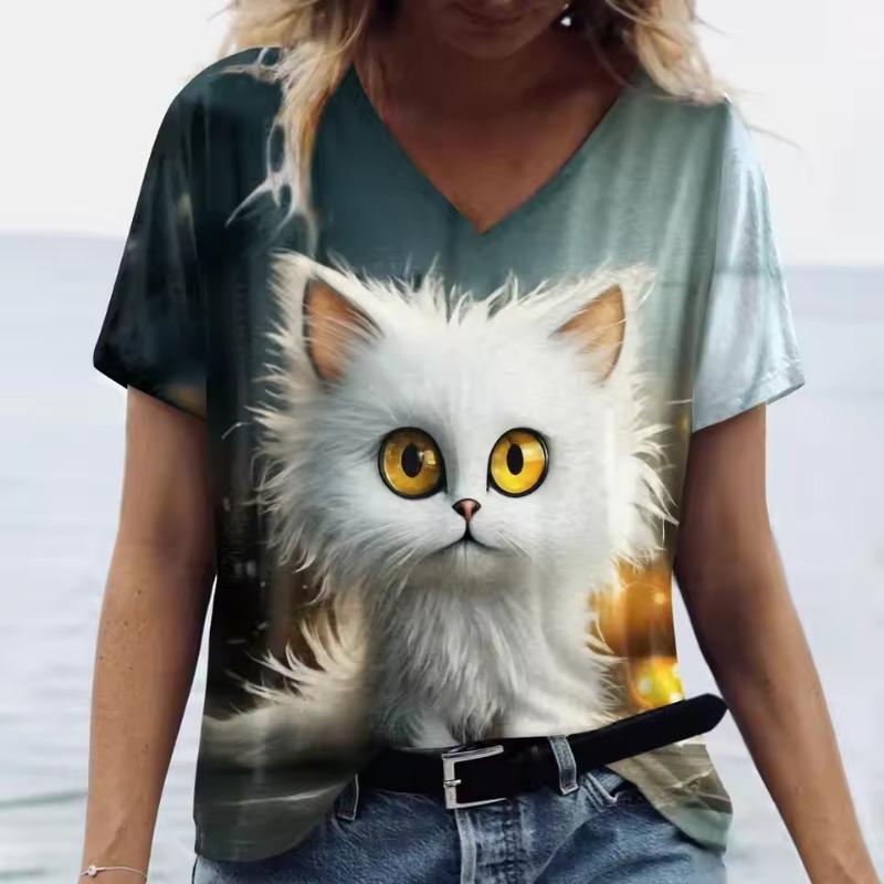 Damen V-Ausschnitt Kurzarm 3D T-Shirts Tiere Gedruckt Sommerkleidung Niedliche Cartoon Katze Damen T-Shirts Streetwear Oberteile